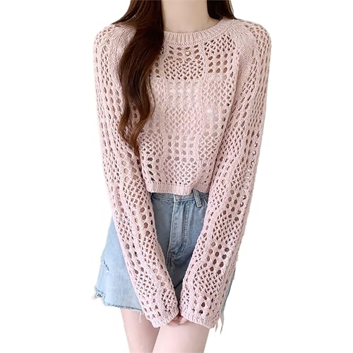 Image of ICW Women's Knitted Crochet Transparent Long-Sleeve Hollow Out Sheer Pullover Top T-Shirt Sweater Dn61 (One Size Fit XS-S-M-L)