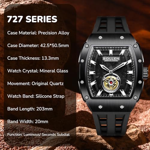 Image of Men's Tonneau Watches, Black Stylish Cool Minimalist Quartz Analog Watch | Tonneau Shape, Luminous Hands & Markers, Silicone Band, 30M Water Resistant, 42.5x50.5mm Precision Alloy Case, Ideal Gift