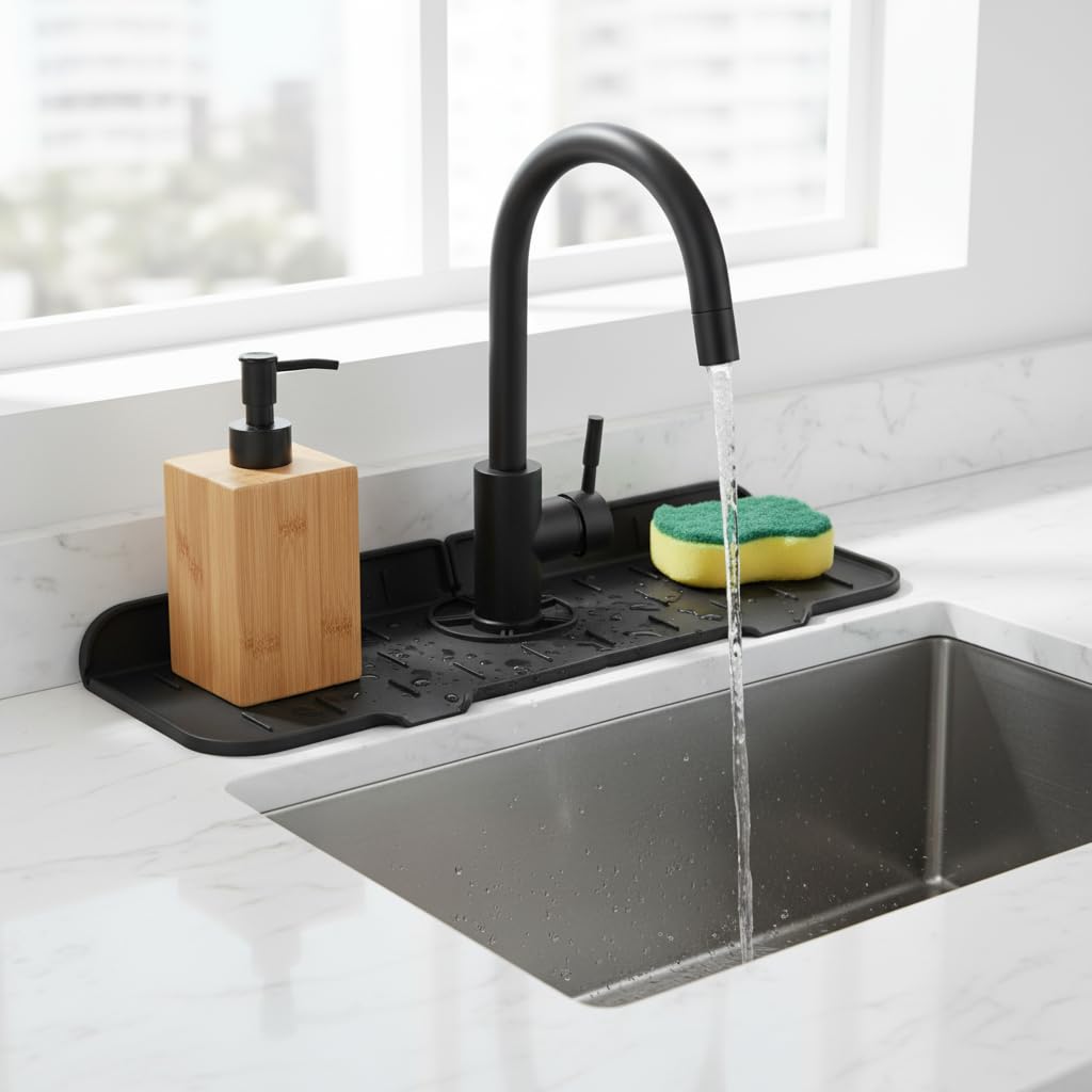 Deconox Silikon Musluk Matı ve Lavabo Sıçrama Önleyici – Mutfak ve Banyo İçin Su Tahliyeli Tezgah Koruyucu, Sünger ve Sabunluk Düzenleyici, Kaymaz Musluk Arkası Kurutma Pedi (ASORTİ)