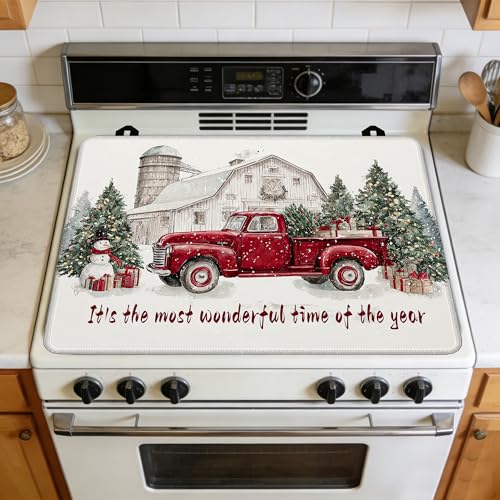 Image of Christmas Red Truck Stove Top Covers Pad 28 x 20 inches Dish Drying Mat Coffee Bar Mats Kitchen Decor Absorbent Pad Fit Coffee Maker Machine Dish Drying