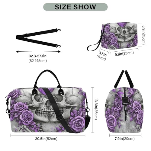 Skull Purple Roses Travel Duffel Bag, Gym Bags with Multiple Interior Pockets for Men Women Toiletry Purse Included 20.5”x 1.9” x 13.8”3