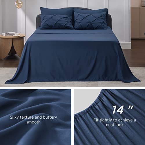 Image of Bedsure King Size Comforter Set Navy Blue - Bed in a Bag Bedding Set 7 Pieces, GentleSoft Pintuck Bed Set Gift for Family, All Season Down Alternative Comforter with Sheets, Pillowcases & Shams