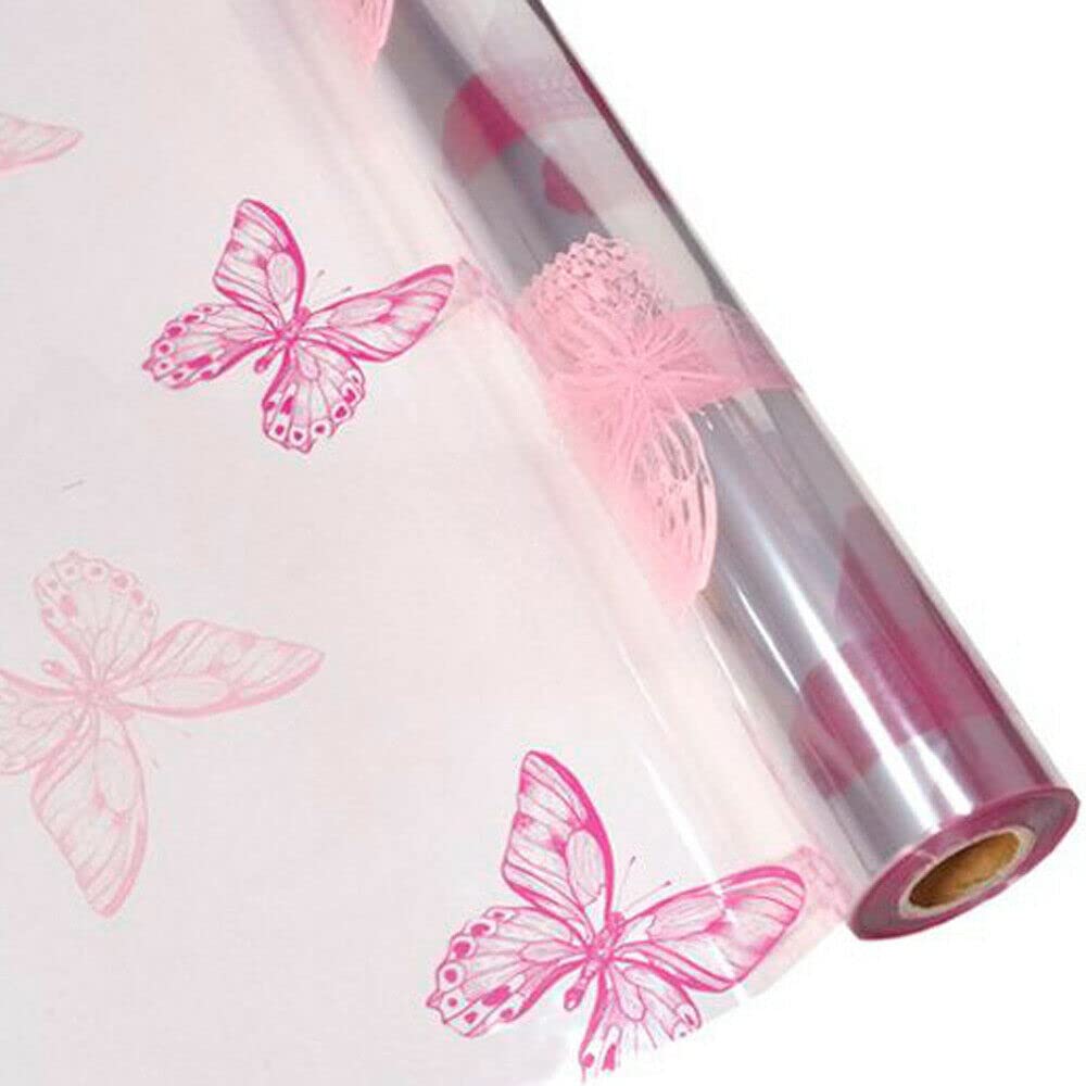 5m x 80cm Pink Butterfly Cellophane Gift Wrap Baskets (FOLDED) Flowers Mother's Day Easter