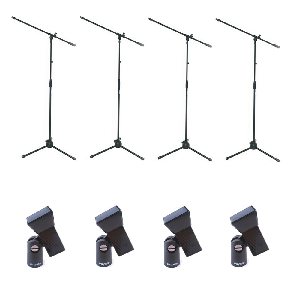 Proel RSM180 - Asta microfonica a giraffa in Nero Opaco + Proel APM30 - Pinza reggi microfono per contenere microfoni del diametro centrale, compreso tra 20-32 mm, Nero. Kit da 4 unità.