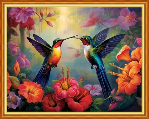 Image of Foxhool Stamped Cross Stitch Kits,11CT Printed Cross Stitch Pattern Full Embroidery Kits for Beginner Needlepoint Kits-Hummingbirds Collect Honey 16x20 inch