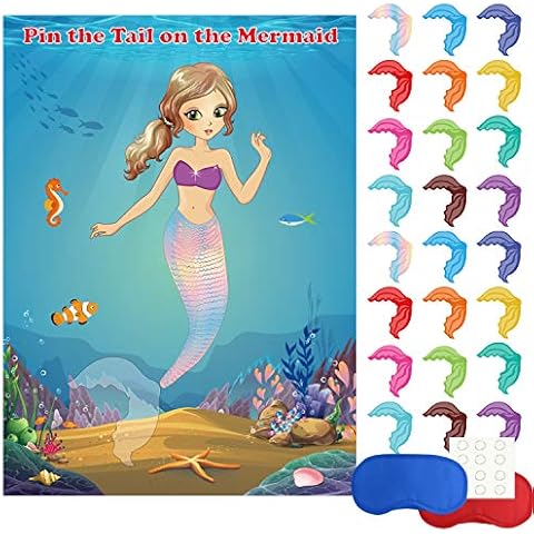 FEPITO Meerjungfrau Party Lieferungen Pin The Tail auf der Meerjungfrau Party Spiel mit 24 Stück Schwanz Aufkleber für Meerjungfrau Party Favors, Kinder Geburtstag Party Cover