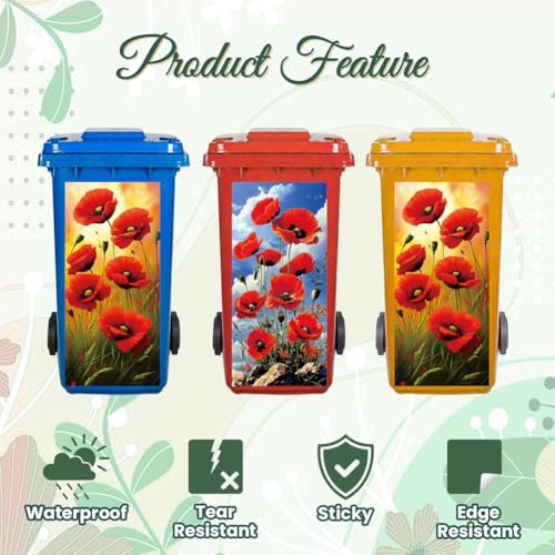 Image of Peacoblue Wheelie Bin Stickers 2 Sheets Papaver Rhoeas Sticky Dustbin Stickers Decals, 15 inch x 32 inch Waterproof Large Wraps for Trash Cans Bins Fridges Door Wall Garden Outdoor Indoor Patio Decor