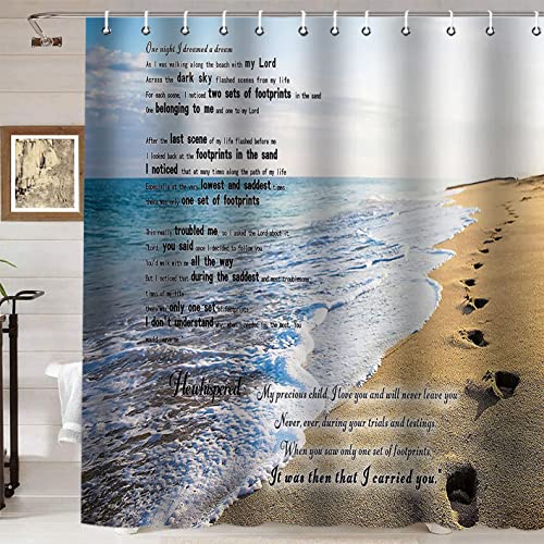 Namdeva Ocean Beach Shower Curtain, Seaside Blue Sky White Cloud Sea Wave Seascape Inspirational Quotes Coastal Bathroom Decor, Waterproof Polyester Fabric Shower Curtain, 72x72 Inch, Footprints