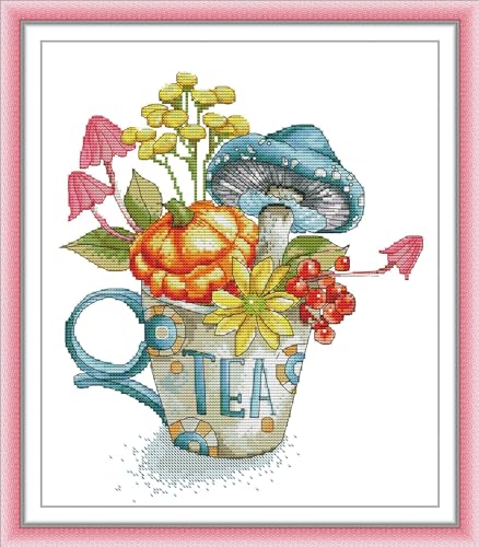 Image of Howie's Needlepoint Cross Stitch Kits, 14CT Pre-Printed Pattern Needlepoint Kits, Full Range of Stamped Starter Kits(Pumpkin Tea Cup,12.60 x 14.4 inch)