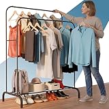 PORTENTUM Kleiderständer Stabil aus Stahl – bis 35 kg – mit doppelter Stange und Schuhablage – Kleiderstange mit rutschfesten Füßen – Endkappen gegen Abrutschen – schneller Aufbau