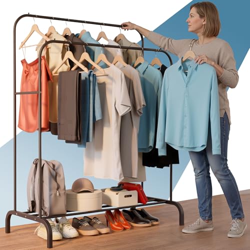 PORTENTUM Portant a vetement en acier – jusqu’à 35 kg – Penderie avec double barre et étagère porte-chaussures – Pieds antidérapants – Embouts anti-chute...