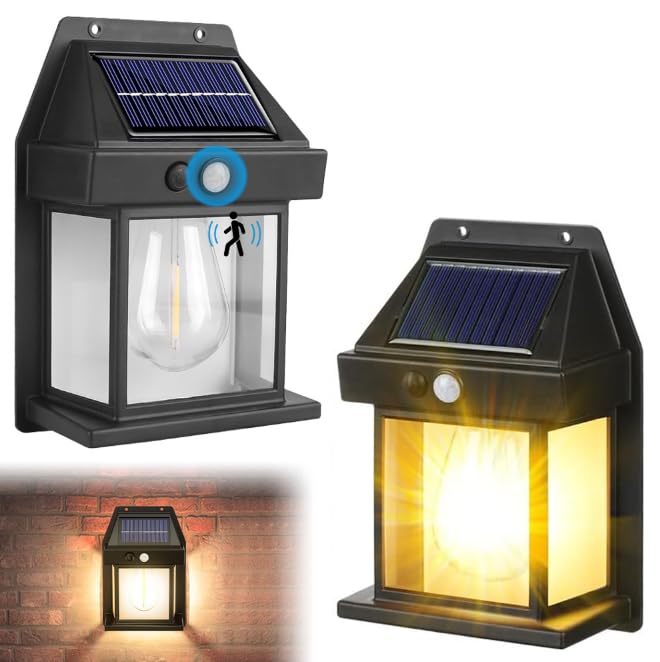 SKIKHN Lámpara de pared solar para exteriores, 2 unidades con detector de movimiento, 3 modos de iluminación, lámparas solares para exteriores, IP65, resistente al agua, lámpara de pared de tungsteno