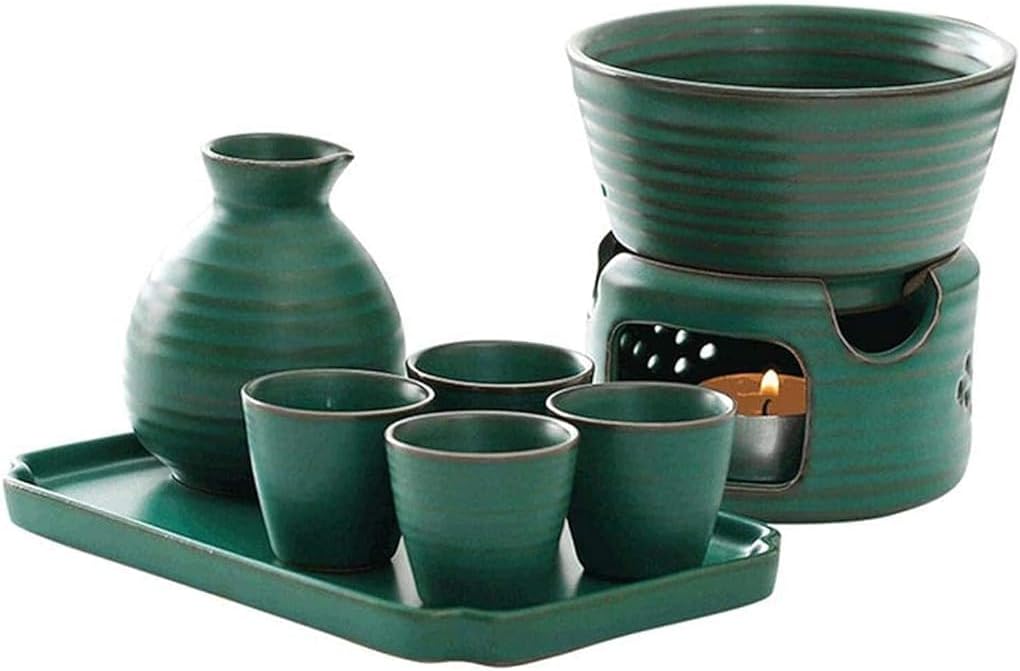 Sake Cup Set Modern Pottery Hot Drink Kit with Tray 7-Piece Include 1 Stove 1 Warming Bowl 1 Sake Bottle 4 Cup Sake Pot Set