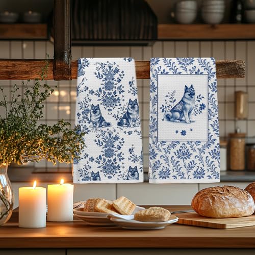 Image of Chinoiserie Norwegian Elkhound Kitchen & Hand Towels Set of 2, Blue and White Floral Dog Dish & Tea Towels for Kitchen Bathroom Decor, Vintage Toile Dog Lover Gifts for Women 16x24 Inch