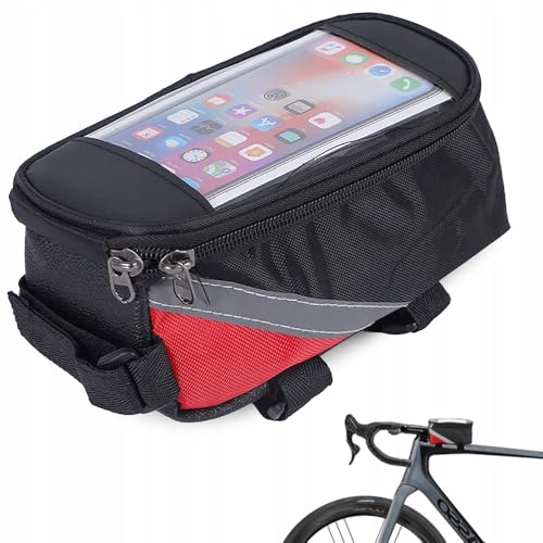 Bolsa Impermeable para Manillar de Bicicleta con Soporte de Teléfono | Alforja Bicicleta con Gran Capacidad | Soporte Movil hasta Pantalla 6,8¨ | Ligero y Resistente - Universal (Negro/Rojo)