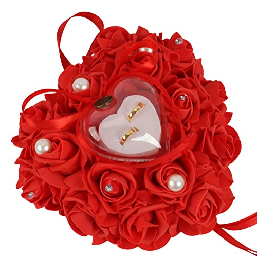 Boîte à Bagues de Mariage en Mousse Rose Boîte à Bagues Coussin Porte-alliances en Forme de Cœur Fleur Bague Support de Stockage Proposition Bague de Mariage Amant Cadeau Boîte à Bagues Rouge