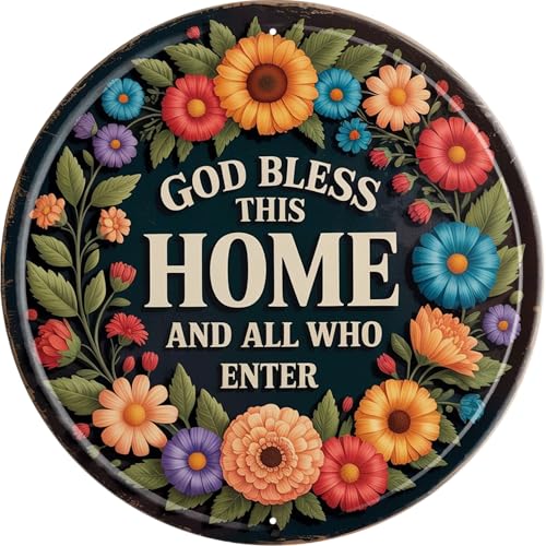 AWISZZZ God Bless This Home Metal Sign 8x8in Round Faith Plaque for Front Door Wall Decor Christian Gift