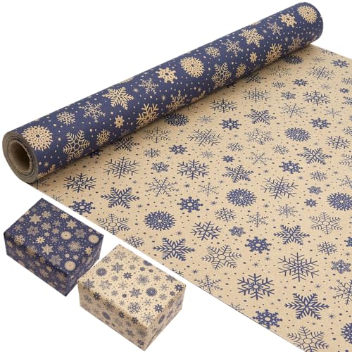 43cm×10M Double-Sided Gift Wrapping Paper Roll, Recyclable Kraft Christmas Wrapping Paper Print with Snowflake for Christmas Birthday Party Gift Decoration