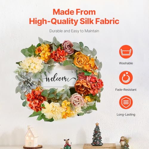 Image of VEVOR Spring Wreath for Front Door 24 Inch - Artificial Hydrangea Year-Round Wreath with Welcome Sign, All Season Outdoor Indoor Decor for Home Wall Window