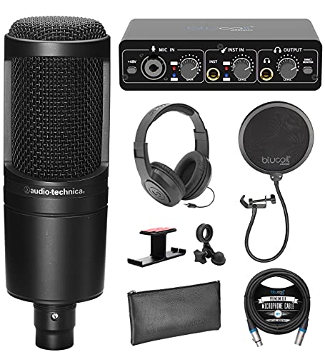 Audio Technica AT2020 Cardioid Condenser Studio XLR Microphone Bundle with Blucoil Portable USB Audio Interface, 10' XLR Cable, Pop Filter, Aluminum Headphone Hook, and Samson SR350 Headphones