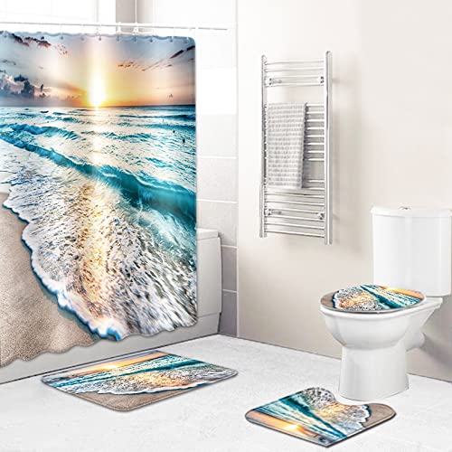 Duschvorhang Sunset Blue Beach Badezimmerteppich 4-Teiliges Set, Duschvorhang 180x180 Polyester+Badematte rutschfeste…