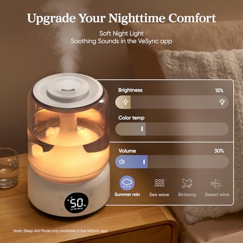 Image of LEVOIT Smart Humidifier for Bedroom, 4.2L Top Fill Cool Mist for Large Room, Dishwasher Safe /Easy Clean, 21dB /42H Runtime, for Baby /Plants, APP /Voice Control, Light /Music Scene Mode, NeoClassic 450S