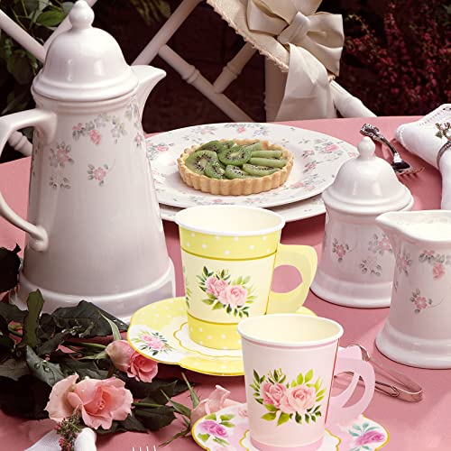 Ceiba Tree Floral Paper Disposable Tea Cups And Saucers Tea Party Decorations Favors 24 Sets For Girls Women Flower Birthday Baby Shower Wedding Party Supplies thumb #2