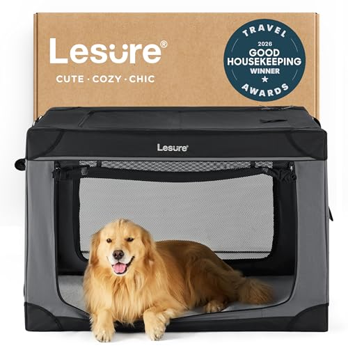 Lesure Shown on TODAY Show Soft Collapsible Dog Crate - 42 Inch Portable Travel Crate for Extra Large Dogs Indoor & Outdoor, 4-Door Foldable Pet Kennel with Mesh Windows, Black