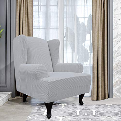 Image of Easy-Going Stretch Large Wingback Chair Sofa Slipcover Silver Gray | 1-Piece Sofa Cover Furniture Protector Couch Soft with Elastic Bottom, Spandex Jacquard Fabric Small Checks