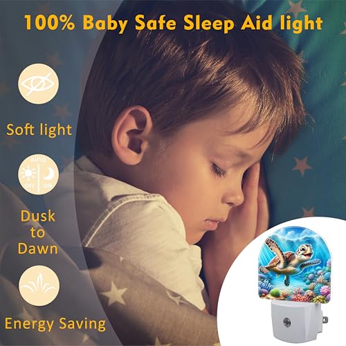 Image of Cute Sea Turtle Night Light for Kids,Smile Turtle and Colorful Corals Plug in Night Light with Dusk to Dawn Sensor, 0.5w Energy Saving Nightlight for Hallway Stairway Kitchen Bedroom