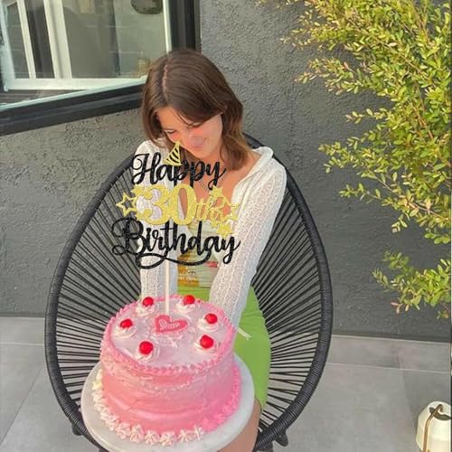 Image of Confetti! Glittering 30th Birthday Cake Topper with Star Hat - Cheers to 30 Years! Fabulous Cake Decorations for Adults 30th Birthday & Anniversary Party Supply
