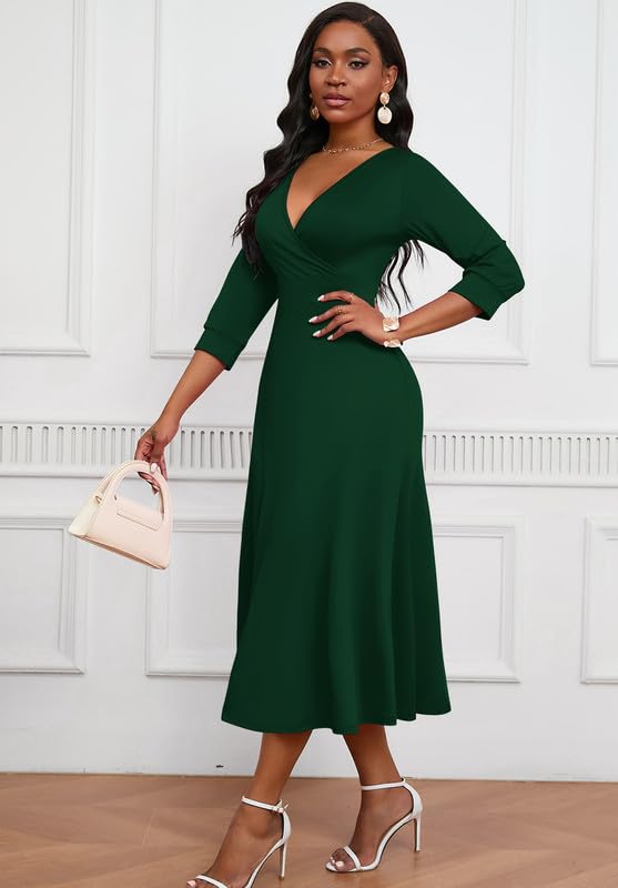 Image of MarryUP Womens Casual Dress Wrap V-Neck Elegant Wedding Guest Midi Dress 3 /4 Sleeve Solid High Waist Dark Green XL