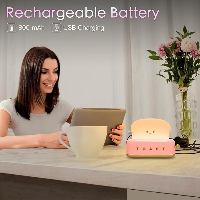 Image of One94Store Plastic Cute Toast Night Lamp for Kids | Rechargeable LED Bedside Table Light with Smile Face | Kawaii Desk Lamp for Bedroom, Nursery, Study & Gift Decor Pink