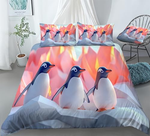 REALIN Cute Penguin Ice Skaters Bedding Snow Penguins Arctic Animal Duvet Cover Set Girl Boy Kids Bed Sets 3/4PCS Quilt Covers/Sheets/Pillow Shams,Twin/Full/Queen/King (A,Full-200x229cm-4PCS)