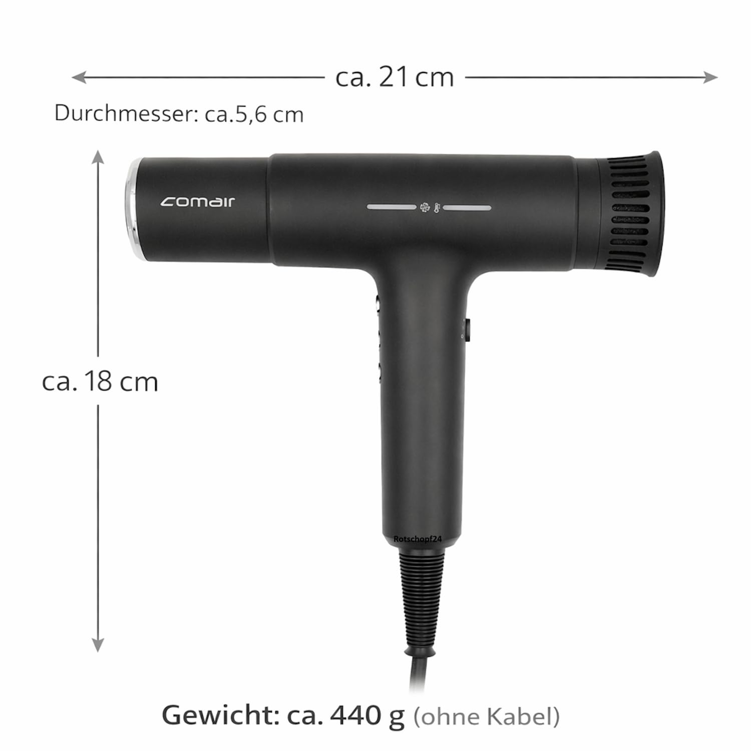 Comair T Power Haartrockner Profi Föhn, Diffusor + 2 Stylingdüsen + Tasche | 2200 W Föhn, Brushless-Motor 70.000 U/min, 3 Temperatur- und 3 Gebläsestufen, Kaltlufttaste, Ionen-Technologie. Sperrschalter