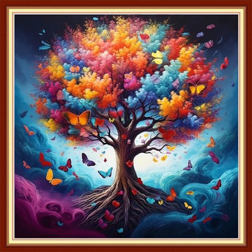 Image of Dooxvey Cross Stitch Kit for Adult Beginners - Full Range of Stamped Kits - 11CT Cross Stitch Patterns - Tree of Life - 18x18 inch