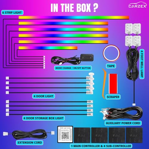 Image of Carzex Multi Color K4 Matrix Running Interior Ambient Atmosphere Light for Dashboard, Doors & Under Dash Ambience (App Controlled, Set of 18 Pcs)