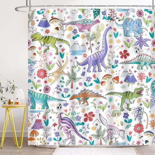 Image of Dinosaur Shower Curtain Cartoon Funny Dino for Kids Boys Trex Mushroom Plant Leaf Flowers Colorful Bathroom Decor Waterproof Polyester Fabric 72Lx72W Inch with Hooks
