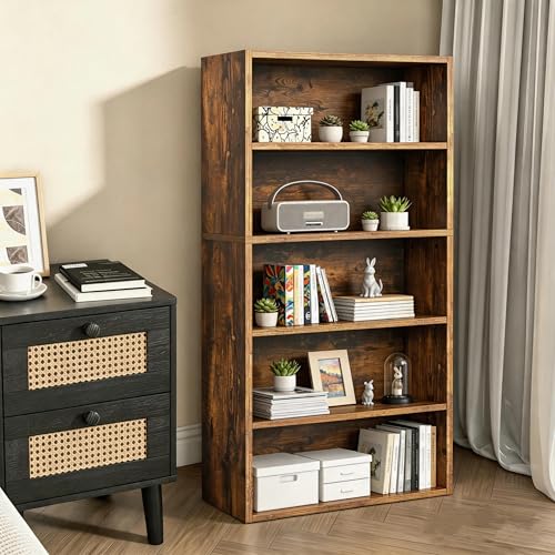Image of HealSmart 5 Tier Bookcase, Industrial 5 Book Shelf, 9.2 inch D x 23.8 inch W x 53 inch H Tall Open Cube Storage Organizer for Home Office, Living Room, Bedroom and Dinning Room, Brown