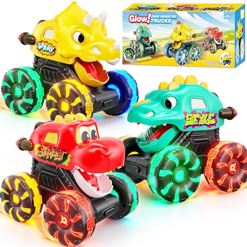 EUCOCO 3 Pack Dinosaur Monster Truck Light Up Toy Cars-3 4 5 6 Year Old Boy Girl Gifts Dinosaur Toys for Boys Birthday Gifts for Kids