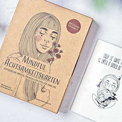veganbox get inspired VEGAN BOX ® Mindful Achtsamkeitskarten Set | 24 Achtsamkeits Karten mit Impulsen und Anregungen zur Entschleunigung | Selbstfürsorge, mentale Gesundheit, bewusster Alltag