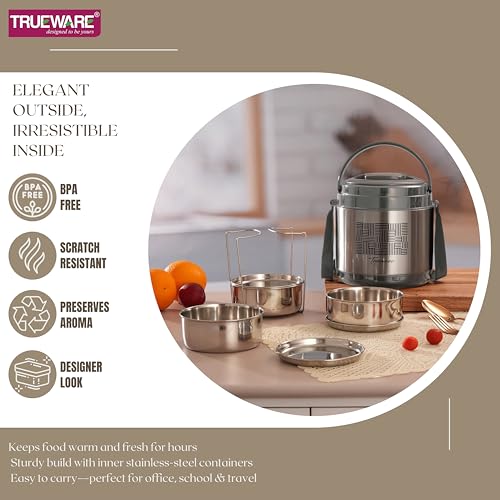 Image of Trueware Legend 3 Stainless Steel PU Insulated Hot and Cold Lunch Box with 3 SS Container 300 ML Each
