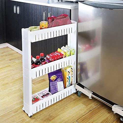 Image of 3 Layer Storage Organizer Slim Rack and Shelf with Wheels for Easy Slide | Unbreakable Plastic, white