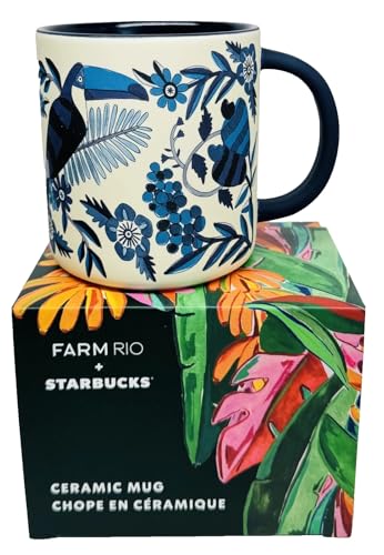 Starbucks x FARM Rio 2025 Lenço Azulejo Mug, 14 oz, Ceramic Coffee Cup with Handle, Blue and White Tile-Inspired Design, Microwave and Dishwasher Safe