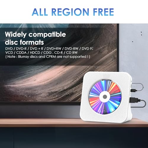 Gueray DVD Player HDMI CD Player Bluetooth mit Lautsprecher Unterstützt Fernbedienung Anzeige FM Radio mit CD Player USB- Kartenwiedergabe 3,5 mm AUX Wecker Kopfhöreranschluss Staubschutzhülle Weiß – Bild 4