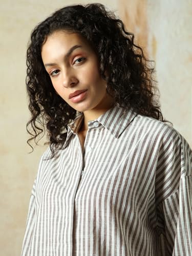 Image of HIGH Star Oversized Striped Cotton Shirt for Women | Stylish Tops for Women | Comfortable and Trendy Casual Shirt