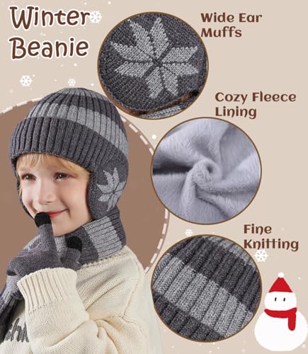 Kids Winter Hat Scarf Gloves Set 3Pcs, 3-12Y Fleece Lined Beanie With Earmuffs Double Layer Scarf Touchscreen Gloves Toddlers2