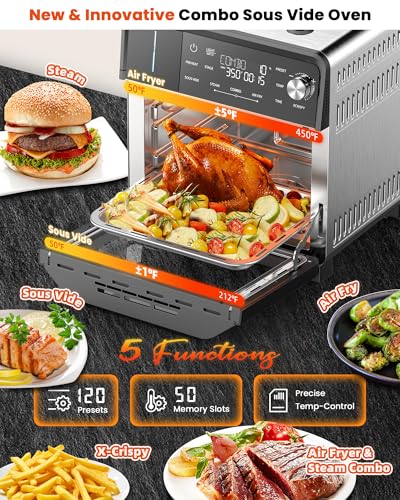 Nuwave Combi Steam Oven, Non-Toxic Stainless Steel Multi-Cooker with Air Fry, Steam, Sous Vide, Toast & More, 50-450°F Precision, 120 Presets, Moisture Control, Programmable, Easy to Clean