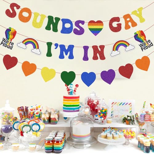Image of Pre Strung Sounds Gay I'm In Banner Pride Month Decorations, Glitter Rainbow Sign for LGBTQ+ LGBT Party Lesbian Gay Bisexual Transgender Queer Celebration Home Indoor Photo Props Backdrop Decor