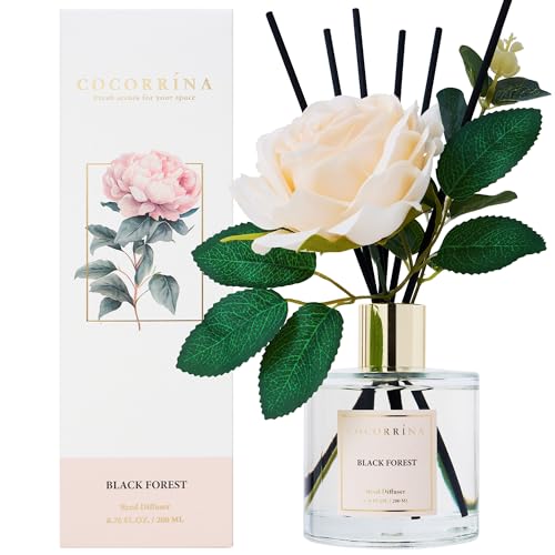 Image of Cocorrina Reed Diffuser Set, Flower Reed Diffuser Black Forest 6.7 oz, Scented Diffuser with Sticks Home Fragrance Essential Oil for Bathroom Shelf Decor, Living Room, Large Room, 1pack